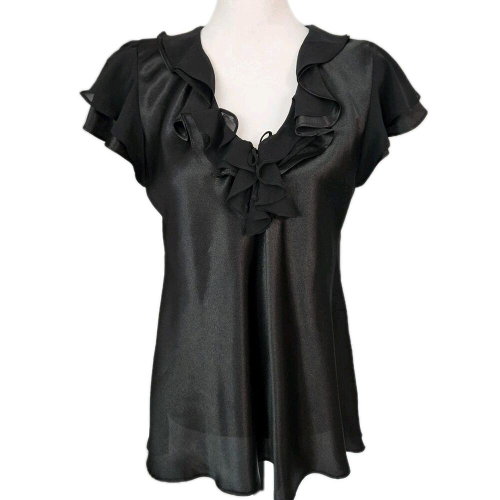 Oscar De La Renta Pink Label Ruffled Black Short Sleeve Pajama Top Sz M
